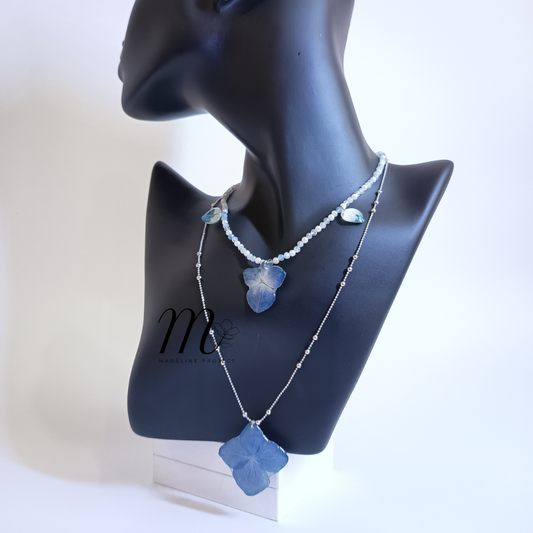 Double Layer Hydrangea Necklace β Preserved Real Flowers in Resin with Shell Pearls & Aquamarine Stones