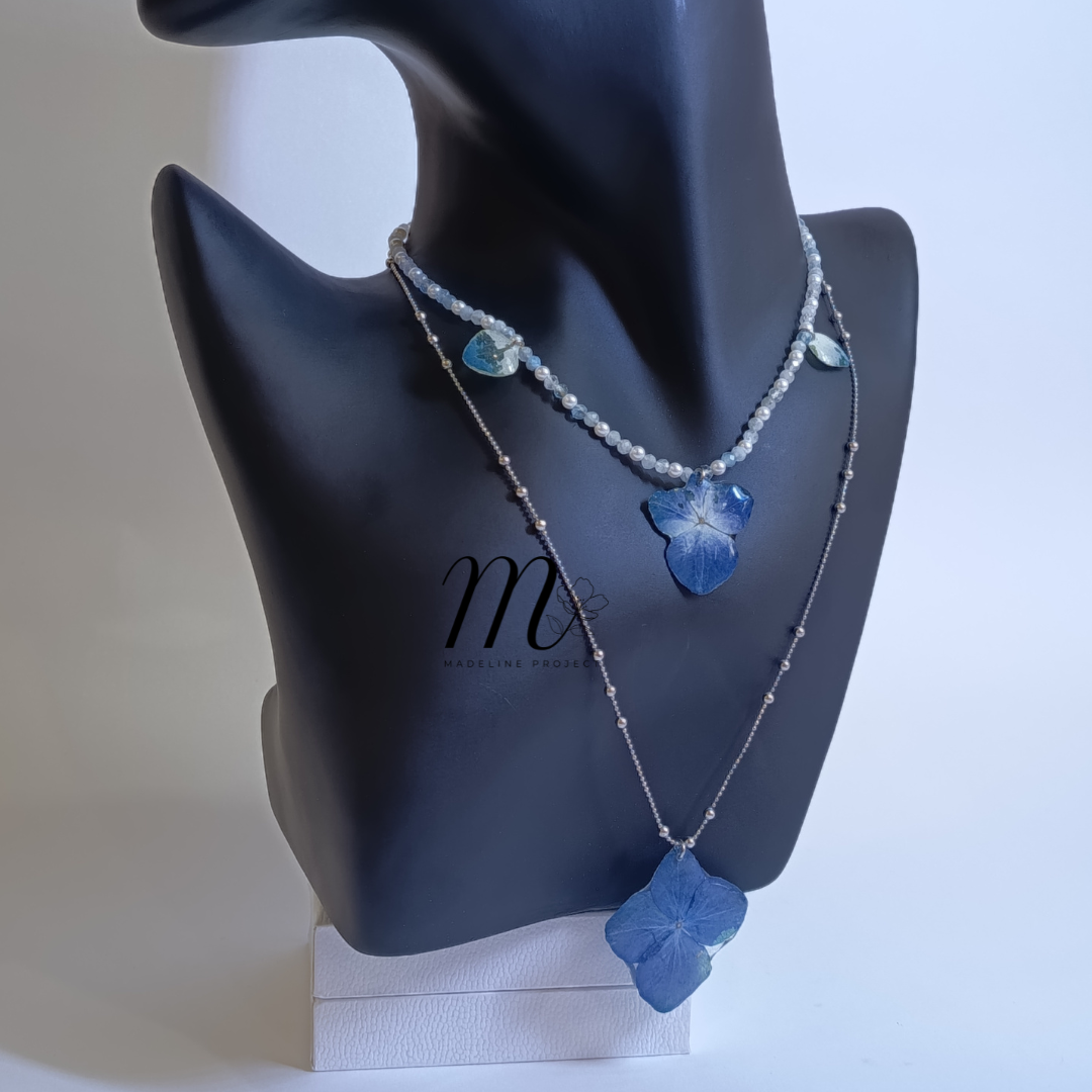 Double Layer Hydrangea Necklace – Preserved Real Flowers in Resin with Shell Pearls & Aquamarine Stones