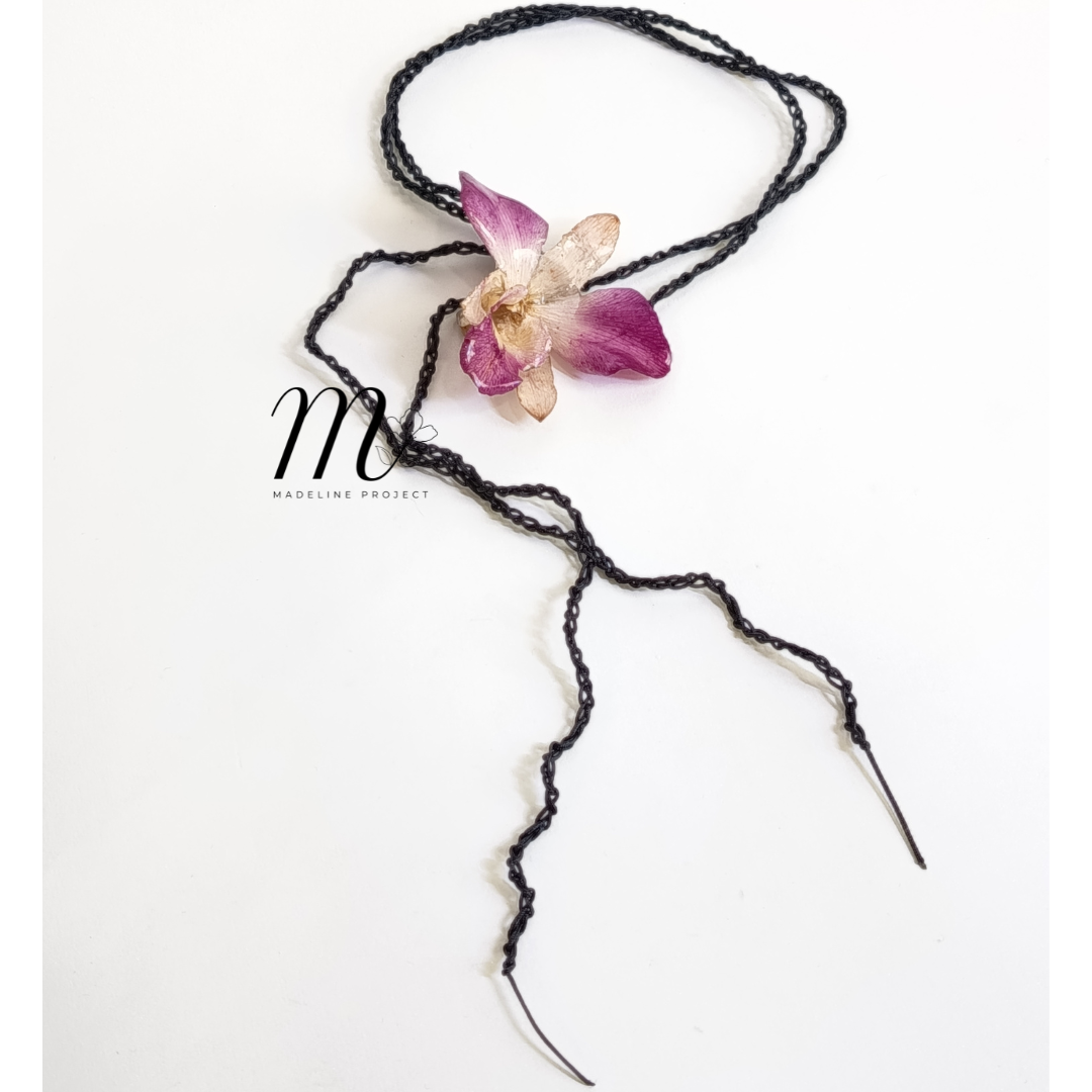 Real Orchid Resin Choker – Elegant Black Crochet Design