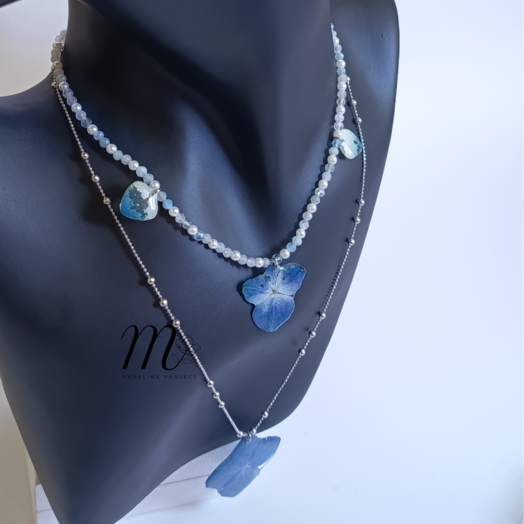 Double Layer Hydrangea Necklace – Preserved Real Flowers in Resin with Shell Pearls & Aquamarine Stones