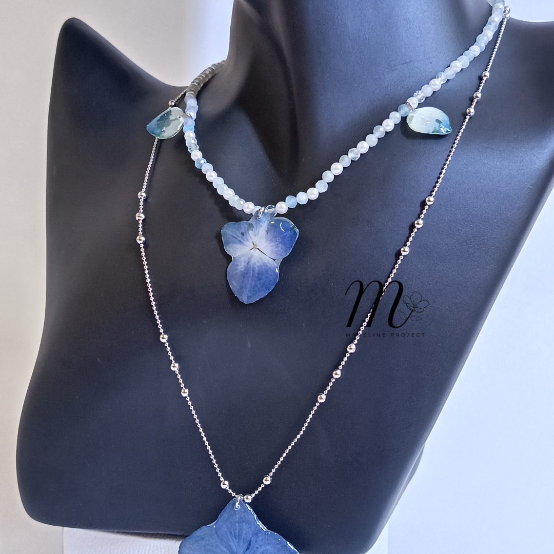 Double Layer Hydrangea Necklace – Preserved Real Flowers in Resin with Shell Pearls & Aquamarine Stones