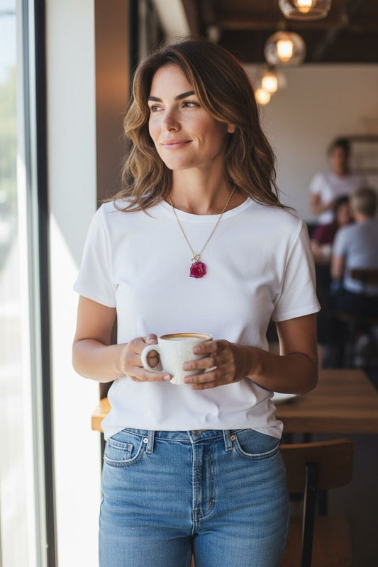 Real Red Baby Rose Necklace With Resin And Gold Filled Chain