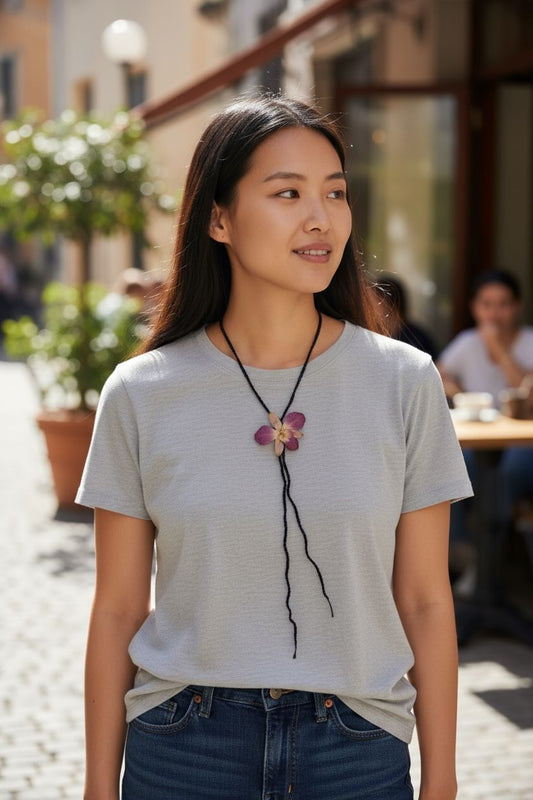 Real Orchid Resin Choker – Elegant Black Crochet Design